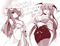Rule 34 | 2girls, :d, bare shoulders, bat wings, blunt bangs, breasts, brown theme, commentary request, cowboy shot, dress, fang, fumitsuki (minaduki 6), hair between eyes, hair ribbon, happy new year, hat, head wings, heart, koakuma, lace background, large breasts, long hair, long sleeves, looking at viewer, low-tied long hair, low wings, mob cap, monochrome, mouth hold, multiple girls, new year, open clothes, open mouth, pantyhose, patchouli knowledge, ribbon, sidelocks, simple background, skirt, smile, strap slip, touhou, translated, tress ribbon, undressing, vest, wide sleeves, wings