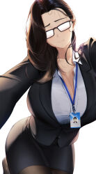 Rule 34 | 1girl, black hair, black skirt, blueorca, breasts, brown hair, cleavage, closed mouth, collarbone, glasses, highres, huge breasts, id card, lanyard, long hair, miniskirt, mole, mole under eye, mole under mouth, office lady, original, pantyhose, pencil skirt, simple background, skirt, solo, white background