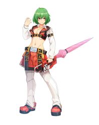 Rule 34 | 1girl, belt, breasts, cleavage, closed mouth, collared shirt, cookie (touhou), cosplay, cropped jacket, cropped shirt, full body, green hair, guilty gear, guilty gear xrd, hair between eyes, hand up, highres, holding, holding weapon, jacket, kazami yuuka, long sleeves, looking at viewer, medium breasts, midriff, navel, orange eyes, pants, parasol, plaid, plaid jacket, plaid skirt, red footwear, shirt, shoes, short hair, skirt, sleeveless, sol badguy, sol badguy (cosplay), solo, standing, stomach, tarmo, touhou, transparent background, umbrella, weapon, white pants, white shirt