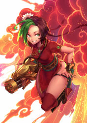 Rule 34 | 1girl, alternate costume, alternate hair color, alternate hairstyle, between breasts, black footwear, boots, breasts, brown hair, carrying, carrying under arm, china dress, chinese clothes, chinese new year, dress, explosion, eyelashes, firecracker jinx, firecrackers, flower, full body, gatling gun, gem, green eyes, grin, gun, hair flower, hair ornament, jinx (league of legends), jumping, league of legends, light particles, long hair, looking at viewer, minigun, multicolored hair, oopartz yang, pelvic curtain, red dress, red thighhighs, sash, short dress, sideways glance, small breasts, smile, smoke, smoke trail, solo, spread fingers, thigh strap, thighhighs, two-tone hair, weapon, white background, white flower