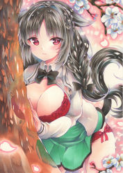 Rule 34 | 1girl, azur lane, black bow, black hair, blouse, bow, bra, braid, breasts, breasts out, cardigan, cat girl, collared shirt, flower, green skirt, high-waist skirt, highres, long hair, looking at viewer, marker (medium), miniskirt, official alternate costume, ooshio (azur lane), ooshio (let&#039;s &#039;ave lunch) (azur lane), open clothes, open shirt, oppai loli, panties, red bra, red eyes, red panties, saya pr, shirt, single braid, skirt, solo, traditional media, tree, underwear, white cardigan, white flower