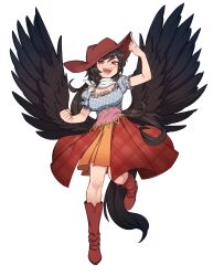 Rule 34 | 1girl, bandana, black hair, black wings, blue shirt, blush, boots, breasts, brown footwear, brown hat, brown skirt, cleavage, clenched hand, cowboy hat, feathered wings, frilled sleeves, frills, full body, hat, highres, horse tail, kurokoma saki, large breasts, long hair, nyong nyong, open mouth, pegasus wings, red eyes, shirt, short sleeves, simple background, skirt, smile, solo, tail, touhou, white background, white bandana, wings