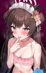 Rule 34 | 1girl, :p, bikini, blue archive, blush, breasts, brown hair, cleavage, food, food on face, halo, heart, heart-shaped pupils, highres, long hair, maid headdress, mochitsuki karen, navel, pink bikini, purple eyes, shizuko (blue archive), shizuko (swimsuit) (blue archive), small breasts, smile, solo, sweat, swimsuit, symbol-shaped pupils, tongue, tongue out, two side up