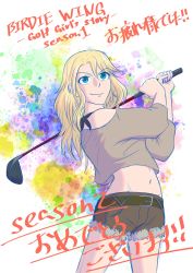 Rule 34 | 1girl, birdie wing: golf girls&#039; story, blonde hair, blue eyes, closed mouth, copyright name, eve (birdie wing: golf girls&#039; story), golf club, highres, long hair, midriff, navel, smile, solo, standing
