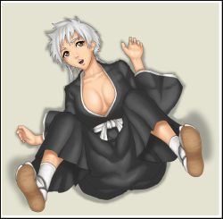 Rule 34 | 1girl, bleach, breasts, brown eyes, cleavage, female focus, from above, full body, japanese clothes, kotetsu isane, legs up, lying, on back, sandals, shadow, short hair, silver hair, socks, solo, thor (deep rising)
