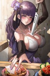 Rule 34 | 1girl, black gloves, blunt bangs, blush, breasts, bridal gauntlets, cleavage, colorless (shachiwhitebb), commentary request, dress, earrings, flower, food, genshin impact, gloves, hair flower, hair ornament, halterneck, heart, heart-shaped pupils, highres, holding, holding knife, human scabbard, jewelry, knife, large breasts, long hair, looking at viewer, mole, mole under eye, parted lips, purple dress, purple eyes, purple hair, purple nails, raiden shogun, reaching, reaching towards viewer, smile, solo, symbol-shaped pupils
