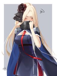 Rule 34 | 1girl, azur lane, belt, black belt, black flower, black pantyhose, black rose, blonde hair, blue cloak, blue dress, blush, breasts, bunker hill (azur lane), character name, cleavage, cloak, clothes writing, commentary, covered mouth, cowboy shot, dress, embarrassed, flower, hair flower, hair ornament, hand up, high collar, highres, large breasts, long hair, looking to the side, necktie, pantyhose, parted bangs, red eyes, red necktie, rose, shoulder pads, signature, simple background, solo, squiggle, standing, strapless, strapless dress, taut clothes, taut dress, underbust, white background, yorugami rei