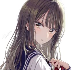 Rule 34 | 1girl, absurdres, blue sailor collar, blush, brown eyes, brown hair, commentary, highres, long hair, long sleeves, looking at viewer, original, pomu (joynet), sailor collar, school uniform, serafuku, simple background, solo, swept bangs, symbol-only commentary, white background