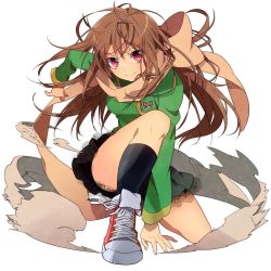 Rule 34 | 1girl, brown hair, dust, flat chest, foreshortening, highres, long hair, murakami yuichi, original, petticoat, red eyes, revision, scarf, shoes, smile, smoke, sneakers, solo
