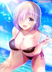 Rule 34 | 1girl, alternate costume, bent over, bikini, black bikini, breasts, cleavage, collarbone, commentary request, day, fate/grand order, fate (series), feet out of frame, gluteal fold, hair over one eye, horizon, izumi akane, large breasts, leaning forward, lens flare, light rays, looking at viewer, mash kyrielight, navel, ocean, open mouth, outdoors, purple eyes, purple hair, short hair, side-tie bikini bottom, smile, solo, sunbeam, sunlight, swimsuit, twitter username