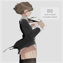 Rule 34 | 1girl, absurdres, apron, black dress, black eyes, black thighhighs, blood, blood on clothes, breasts, brown hair, closed mouth, commentary request, dress, from side, highres, korea, korean commentary, korean text, large breasts, long sleeves, maid, muscular, muscular female, oddsnail, original, simple background, solo, standing, thighhighs, torn clothes, translation request, walking, white apron