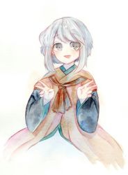 Rule 34 | androgynous, bad id, bad pixiv id, bow, brown coat, coat, double v, gender request, grey eyes, houlen yabusame, len&#039;en, open mouth, painting (medium), short hair, short hair with long locks, shorts, silver hair, smile, solo, traditional media, v, watercolor (medium)