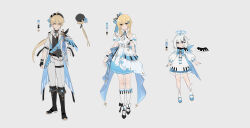 Rule 34 | 1boy, 2girls, absurdres, aether (genshin impact), alternate costume, alternate hairstyle, blonde hair, brother and sister, character sheet, dress, genshin impact, hair between eyes, hair ornament, halo, highres, long hair, long sleeves, looking at viewer, lumine (genshin impact), mihoyo, mujizi, multiple girls, open mouth, paimon (genshin impact), short hair, siblings, smile, twins, white dress, white hair