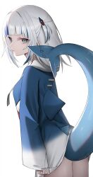 Rule 34 | 1girl, blue eyes, blue hair, blue hoodie, blue nails, fins, fish tail, from side, gawr gura, gawr gura (1st costume), grey hair, hair ornament, highres, hololive, hololive english, hood, hood down, hoodie, medium hair, multicolored clothes, multicolored hair, multicolored hoodie, shark girl, shark hair ornament, shark tail, sleeves past wrists, solo, stitches, streaked hair, tail, thighs, thomas 8000, virtual youtuber, white hair