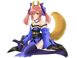 Rule 34 | 10s, 1girl, animal ears, bad id, bad pixiv id, bare shoulders, blue thighhighs, breasts, cleavage, detached sleeves, fate/extra, fate/stay night, fate (series), fox ears, fox tail, japanese clothes, medium breasts, pink hair, s-ei, simple background, sitting, solo, tail, tamamo (fate), tamamo no mae (fate/extra), thighhighs, twintails, wariza, white background, yellow eyes
