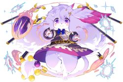 Rule 34 | blush, bullet, full body, fullbokko heroes, furry, furry female, gun, kishibe, long sleeves, looking at viewer, no pants, official art, outstretched arms, purple eyes, simple background, smile, solo, tail, weapon, white background, wing hair ornament