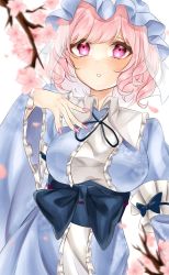 Rule 34 | 1girl, blue hat, blue kimono, blue ribbon, blue sash, blush, branch, breasts, commentary request, flower, frilled kimono, frilled sleeves, frills, hand on own chest, hat, highres, japanese clothes, kimono, large breasts, long sleeves, mob cap, neck ribbon, outdoors, parted lips, pink eyes, pink flower, pink hair, ribbon, saigyouji yuyuko, sash, short hair, sleeve garter, solo, touhou, user cwdk5483, wavy hair, wide sleeves