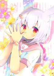 Rule 34 | 1girl, animal ear fluff, animal ears, blush, character request, choker, closed mouth, collarbone, floral background, flower, hair between eyes, hair ornament, hairclip, hands up, indie virtual youtuber, kou hiyoyo, looking at viewer, pink choker, pink flower, pink sailor collar, purple flower, purple hair, rabbit ears, red eyes, sailor collar, shirt, short sleeves, silver hair, solo, star (symbol), star hair ornament, steepled fingers, striped, striped background, vertical stripes, virtual youtuber, white flower, white shirt, yellow flower, yellow neckwear