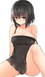 Rule 34 | 1girl, bare arms, bare legs, bare shoulders, black dress, black hair, blush, breasts, closed mouth, collarbone, dress, looking at viewer, medium breasts, mizushina minato, original, red eyes, short dress, short hair, smile, solo, strap slip, white background