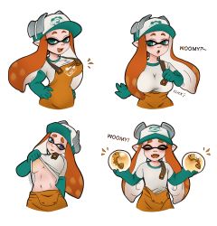 Rule 34 | 1girl, absurdres, arm behind back, blouse, breasts, cheshikk, clothes, clothes lift, cropped torso, domino mask, eyebrows, gloves, golden egg, green eyes, green hat, hands on own hips, hat, heart, heart-shaped pupils, highres, humor, inkling, inkling girl, inkling player character, large breasts, looking at viewer, mask, multiple views, nintendo, overalls, pointy ears, salmon run (splatoon), shirt, shirt lift, simple background, small breasts, smile, splatoon (series), splatoon 2, symbol-shaped pupils, tentacle hair, tongue, tongue out, underboob, white background, white shirt