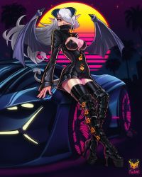Rule 34 | 1girl, artist name, belt boots, black dress, black footwear, black jacket, boots, breasts, car, cleavage cutout, clothing cutout, covered mouth, cross-laced footwear, demon girl, demon horns, demon tail, demon wings, dress, foxilumi, full moon, hair over one eye, heart-shaped lock, high heel boots, high heels, horns, ilassa (elh), jacket, knee boots, lace-up boots, lamborghini, leaning back, lilim (monster girl encyclopedia), lock, long sleeves, looking at viewer, medium breasts, monster girl encyclopedia, moon, motor vehicle, night, one eye covered, original, outdoors, palm tree, platform boots, platform footwear, platform heels, red eyes, short dress, silver hair, sky, skyline, slit pupils, solo, spread wings, star (sky), starry sky, sunset, synthwave, tail, thigh boots, thighhighs, tree, wings, zettai ryouiki