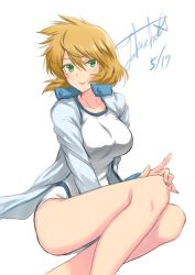 Rule 34 | 1girl, blonde hair, blush, breasts, creatures (company), crossed legs, game freak, gen 2 pokemon, green eyes, highres, large breasts, legs, looking at viewer, misty (pokemon), nintendo, nipples, pokemon, pokemon hgss, smile, solo, swimsuit, takecha, tongue, tongue out, white background