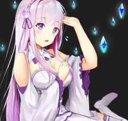 Rule 34 | 1girl, blunt bangs, boots, braid, breasts, cleavage, crown braid, detached sleeves, emilia (re:zero), flower, frilled sleeves, frills, hair flower, hair ornament, hair ribbon, highres, jun wmrx3848, long hair, long sleeves, medium breasts, miniskirt, open mouth, pleated skirt, purple eyes, purple flower, purple hair, purple ribbon, re:zero kara hajimeru isekai seikatsu, ribbon, sitting, sketch, skirt, solo, thigh boots, thighhighs, very long hair, white footwear, white skirt, white sleeves, wide sleeves