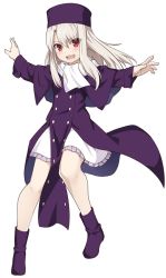 Rule 34 | 1girl, blush, child, commentary request, dress, fate/zero, fate (series), full body, fur hat, happy, hat, illyasviel von einzbern, jacket, long hair, long sleeves, looking at viewer, open mouth, papakha, pelvic curtain, purple footwear, purple hat, red eyes, shiseki hirame, simple background, solo, teeth, upper teeth only, white background, white hair