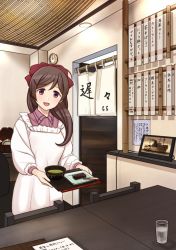 Rule 34 | 1girl, ahoge, apron, bow, bowl, brown hair, chair, clock, commentary request, cup, hair bow, hair ornament, hairclip, hitakikan, indoors, kantai collection, kappougi, long hair, looking at viewer, mamiya (kancolle), open mouth, picture frame, pink shirt, red bow, shirt, solo, table, teeth, upper teeth only, wall clock