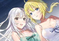 Rule 34 | 2girls, :d, absurdres, ahoge, amano soraha, armpit crease, assault lily, bare arms, bare shoulders, blonde hair, blue background, blue camisole, blue eyes, blue ribbon, blush, breast press, breasts, camisole, cleavage, collarbone, commentary, egawa kusumi, flower, gradient background, green camisole, green ribbon, grey background, grey eyes, hair between eyes, hair flower, hair ornament, heads together, highres, large breasts, light particles, long hair, looking at another, looking to the side, low ponytail, medium breasts, multiple girls, open mouth, parted lips, pohjola, ponytail, ribbon, side-by-side, smile, spaghetti strap, upper body, white hair
