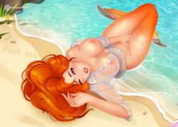 Rule 34 | 1girl, beach, breasts, earrings, fap ceo, fins, fish tail, jewelry, long hair, lorelei (fap ceo), mermaid, monster girl, nipples, orange hair, pink eyes, shirt, solo, tail, wet, wet clothes, wet shirt