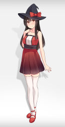 Rule 34 | 10s, 1girl, akagi (kancolle), alternate costume, bad id, bad pixiv id, bare shoulders, black hair, blush, brown eyes, collarbone, dress, female focus, hair between eyes, hat, kantai collection, legs, long hair, looking at viewer, red dress, red skirt, ribbon, shadow, shuuichi, skirt, smile, solo, standing, thighhighs, white thighhighs, witch hat