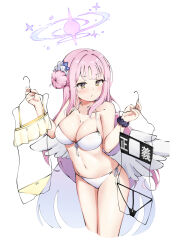 Rule 34 | 1girl, absurdres, bare shoulders, bikini, black bikini, blue archive, blush, breasts, brown eyes, cleavage, closed mouth, clothes hanger, collarbone, cropped legs, hair bun, highres, komasi, large breasts, long hair, mika (blue archive), navel, pink hair, scrunchie, single side bun, solo, stomach, swimsuit, translation request, v-shaped eyebrows, very long hair, w arms, white bikini, wrist scrunchie, yellow bikini
