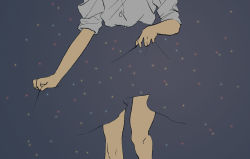 Rule 34 | 1girl, bare legs, blending, commentary request, dots, feet out of frame, grey background, grey shirt, head out of frame, highres, original, shiki haru, shirt, shirt tucked in, sleeves rolled up
