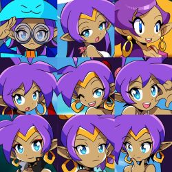 Rule 34 | blue eyes, closed mouth, collage, datwondoude, earrings, glasses, jewelry, looking at viewer, one eye closed, open mouth, purple hair, shantae, shantae (series), smile, tiara