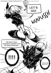 Rule 34 | !, !!, 1boy, 1girl, android, artist name, ass, blindfold, breasts, buttons, choker, comic, crying, english text, gloves, greyscale, highres, leotard, long sleeves, monochrome, nier (series), nier:automata, no pants, open mouth, pod (nier:automata), running, sakon04, short hair, speech bubble, tears, text focus, twitter username, 2b (nier:automata), 9s (nier:automata)
