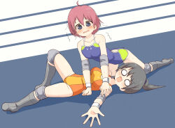 Rule 34 | 2girls, absurdres, bare shoulders, blank eyes, blue eyes, boots, elbow pads, fool iketani, highres, knee pads, lying, multiple girls, on back, open mouth, original, pink hair, ponytail, scared, tears, trembling, wide-eyed, wrestling, wrestling pin, wrestling ring, wristband