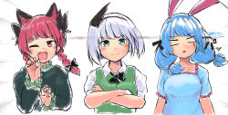 Rule 34 | 3girls, ;d, animal ears, black bow, black bowtie, black hairband, black ribbon, blue dress, blue eyes, blue hair, blunt bangs, bob cut, bow, bowtie, braid, breasts, cat ears, claw pose, cropped torso, crossed arms, cutting hair, d:, dress, emphasis lines, empty eyes, fangs, ginnkei, green dress, green vest, hair ribbon, hairband, hands up, highres, kaenbyou rin, konpaku youmu, long hair, long sleeves, looking at viewer, low twintails, medium breasts, multiple girls, no pupils, one eye closed, open mouth, puffy long sleeves, puffy short sleeves, puffy sleeves, rabbit ears, red eyes, red hair, ribbon, seiran (touhou), short sleeves, simple background, smile, smug, touhou, tsurime, twin braids, twintails, upper body, vest, white background, wing collar