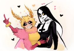 Rule 34 | 2girls, :d, absurdres, antennae, arthropod girl, artist name, black dress, black hair, black sclera, blonde hair, blush, colored sclera, colored skin, commentary, couple, dress, english commentary, extra arms, fluffy, fur collar, heart, highres, hug, insect girl, lipstick mark, long hair, looking at another, looking away, matilda fiship, monster girl, moth girl, multiple girls, open mouth, original, personification, pointing, short hair, simple background, smile, sparkle, white eyes, white skin, wings, yellow eyes, yuri