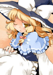 Rule 34 | 1girl, apron, blonde hair, bow, braid, capelet, dress, female focus, hair ribbon, hat, hat bow, kanoe soushi, kirisame marisa, one eye closed, open mouth, ribbon, side braid, simple background, single braid, solo, touhou, waist apron, wink, witch, witch hat, yellow eyes