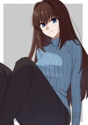 Rule 34 | 1girl, aozaki aoko, black pants, blue eyes, blue sweater, border, brown hair, closed mouth, commentary, grey background, hair between eyes, hair intakes, highres, long hair, long sleeves, looking at viewer, mahou tsukai no yoru, outside border, pants, ribbed sweater, shintyoi2, sidelocks, simple background, sitting, smile, solo, sweater, turtleneck, turtleneck sweater, white border