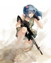 Rule 34 | 1girl, assault rifle, bad id, bad pixiv id, bare shoulders, battle rifle, blue eyes, blue hair, boots, breasts, cleavage, flower, gloves, gun, hair flower, hair ornament, headset, highres, kneeling, m14, matching hair/eyes, medium breasts, on one knee, open mouth, original, panties, pantyshot, pleated skirt, rff (3 percent), rifle, skirt, solo, striped clothes, striped panties, twintails, underwear, upskirt, vest, weapon