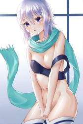 Rule 34 | 1girl, absurdres, akgrn, aqua scarf, bad id, bad pixiv id, bare shoulders, bikini, bikini top only, black bikini, blush, breasts, chris (konosuba), commentary, covering privates, covering crotch, cowboy shot, facial scar, groin, hair between eyes, highres, kono subarashii sekai ni shukufuku wo!, korean commentary, looking at viewer, navel, off shoulder, purple eyes, scar, scar on cheek, scar on face, scarf, short hair, sidelocks, silver hair, small breasts, solo, standing, stomach, swimsuit, tears, theft, thighhighs, triangle mouth, white background, white thighhighs