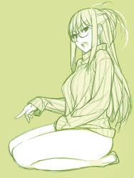 Rule 34 | 1girl, aran sweater, barefoot, cable knit, full body, glasses, green theme, highres, ino (magloid), kisaragi rei, legs, long hair, looking at viewer, monochrome, open mouth, otome function, sidelocks, sitting, solo, sweater, teeth, wariza