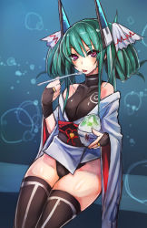 Rule 34 | 1girl, :p, bare shoulders, black gloves, black thighhighs, eating, fingerless gloves, food, gloves, green hair, headgear, highres, hip focus, japanese clothes, leotard, long hair, md5 mismatch, menou kaname (taishi), obi, off shoulder, original, purple hair, sash, shaved ice, sitting, solo, spoon, taishi (artist), taishi (picchiridou), thighhighs, tongue, tongue out, twintails, wide sleeves