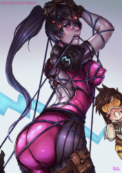 Rule 34 | 2girls, bdsm, blizzard (company), blue skin, blush, bodysuit, bondage, bound, colored skin, covered erect nipples, kachima, multiple girls, overwatch, patreon username, rope, shiny clothes, solo focus, sweatdrop, tracer (overwatch), widowmaker (overwatch)