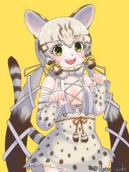 Rule 34 | animal costume, animal ear fluff, animal ears, cat ears, cat girl, cat tail, geoffroy&#039;s cat (kemono friends), highres, kemono friends, kemono friends v project, long hair, simple background, tail, twintails, virtual youtuber, yellow background