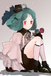 Rule 34 | 1girl, absurdres, alternate costume, bad id, bad twitter id, black skirt, blue bow, blue flower, blue rose, bow, commentary, flower, green hair, hair bow, hat, highres, lolita fashion, looking to the side, macross, macross frontier, osatsu a, ranka lee, red eyes, red flower, red rose, rose, skirt, solo, symbol-only commentary, wide sleeves