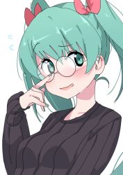 Rule 34 | 1girl, adjusting eyewear, aqua eyes, aqua hair, black sweater, blush, bow, breasts, commentary, finger to eye, furuyama itaru, glasses, hair bow, hand up, hatsune miku, index finger raised, long hair, looking to the side, nervous smile, open mouth, raised eyebrow, red bow, small breasts, smile, solo, sweatdrop, sweater, twintails, upper body, vocaloid, white background
