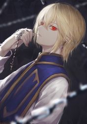 Rule 34 | 1boy, blonde hair, blurry, chain, closed mouth, depth of field, dutch angle, earrings, expressionless, fingernails, from side, hair between eyes, hand up, highres, hunter x hunter, jewelry, kurapika, long fingernails, long sleeves, looking at viewer, looking to the side, male focus, marumoru, red eyes, solo, tabard